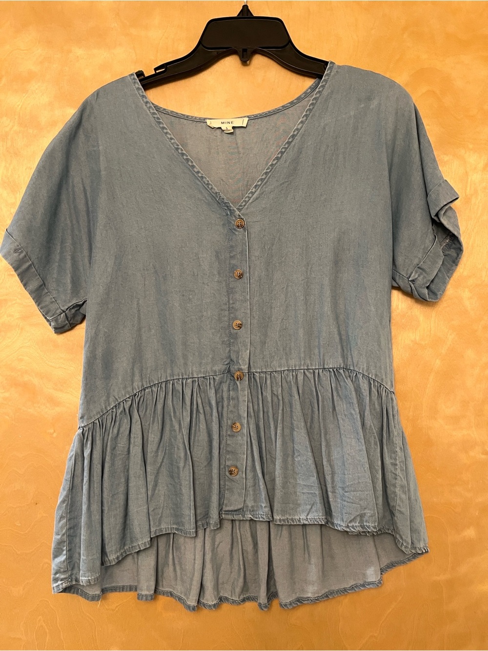 MINE Light Denim Blue Button-Front Peplum Blouse
